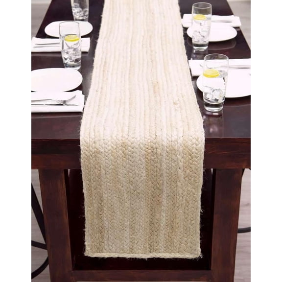 Indian Handmade White Jute Table Runner Rug – 14 x 96 – Indian Handwoven Dining Table Décor, Kitchen, Coffee Table – Bohemian Farmhouse Decor