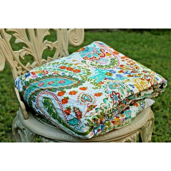 Indian Handmade White Paisley Print Kantha Quilt Twin Size Pure Cotton Kantha Quilt Throw Blanket Bedspread