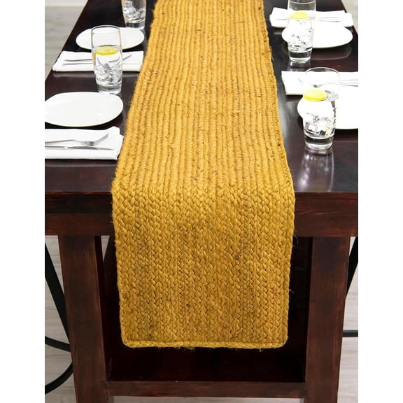 Indian Handmade Yellow Jute Table Runner Rug – 13 x 84 – Indian Handwoven Dining Table Décor, Kitchen, Coffee Table – Bohemian Farmhouse Decor