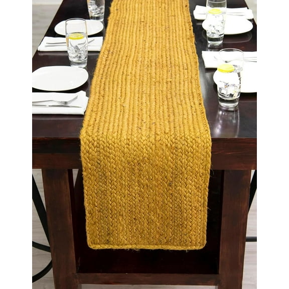 Indian Handmade Yellow Jute Table Runner Rug – 13 x 96 – Indian Handwoven Dining Table Décor, Kitchen, Coffee Table – Bohemian Farmhouse Decor