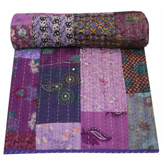 Indian Handmade beautiful Vintage khambadiya Patchwork Bedspread Bedding Throw Blanket Kantha Quilt embroidery Double Size ,Assorted patches
