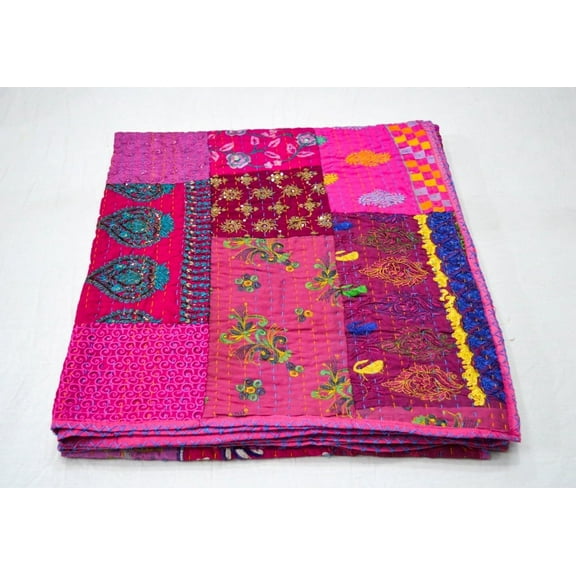 Indian Handmade beautiful Vintage khambadiya Patchwork Bedspread Bedding Throw Blanket Kantha Quilt embroidery Double Size, Assorted patches