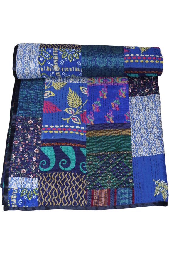 Indian Handmwoven Silk Patola Kantha Quilt – Traditional Indian Design, Luxurious Stitch Detailing, Elegant Home Décor Throw Size - King - 108 x 108 Inch / 274 cm x 274 cm