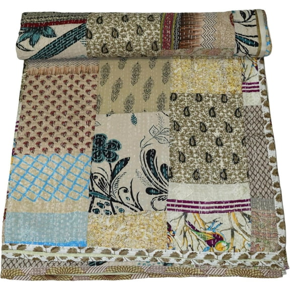 Indian Handmwoven Silk Patola Kantha Quilt – Traditional Indian Design, Luxurious Stitch Detailing, Elegant Home Décor Throw Size - Twin / Single Size - 60" x 90" / 152 cm x 228 cm