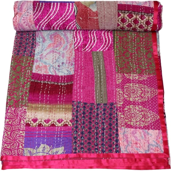 Indian Handmwoven Silk Patola Kantha Quilt – Traditional Indian Design, Luxurious Stitch Detailing, Elegant Home Décor Throw Size - Twin / Single Size - 60" x 90" / 152 cm x 228 cm