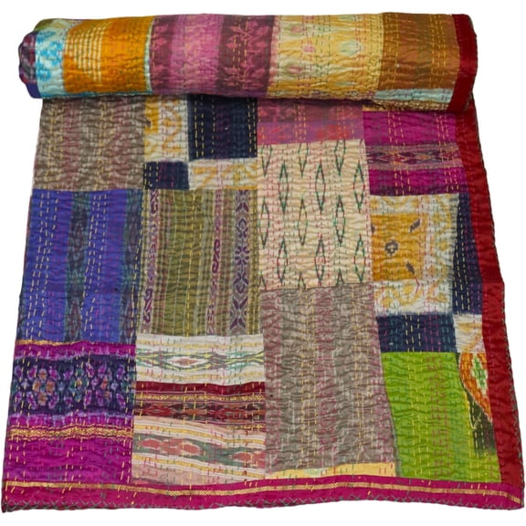 Indian Handmwoven Silk Patola Kantha Quilt – Traditional Indian Design, Luxurious Stitch Detailing, Elegant Home Décor Throw Size - Twin / Single Size - 60" x 90" / 152 cm x 228 cm