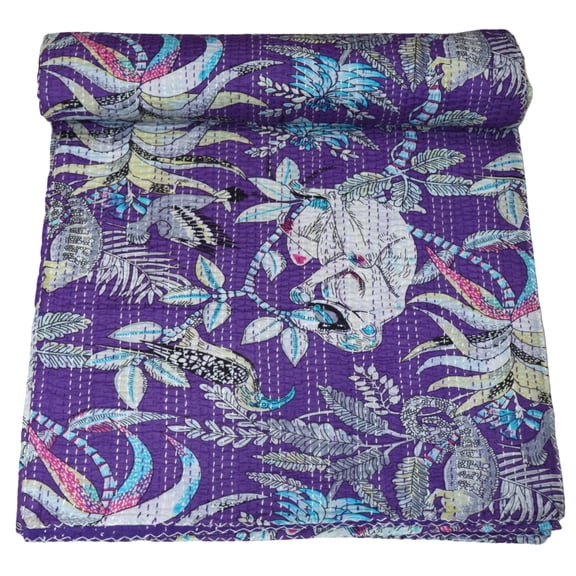 Indian Handwonen Monkey Print Kantha Quilt,Cotton Gudri,Bedsheet, Bedspread, Traditional Indian Throw Blanket Size (Twin Size - 60" x 90")