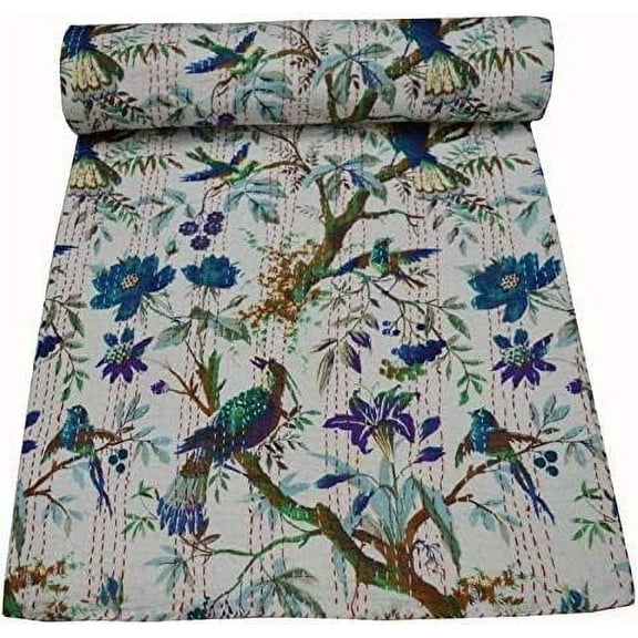 Indian Handwoven Bird Print Kantha Quilt, Quilted Bedspread,Traditional Look Gudri, Blanket Size (King - 108" x 108")