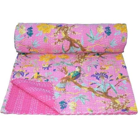 Indian Handwoven Bird Print Kantha Quilt, Quilted Bedspread,Traditional Look Gudri, Blanket Size (Twin Size - 60" x 90")