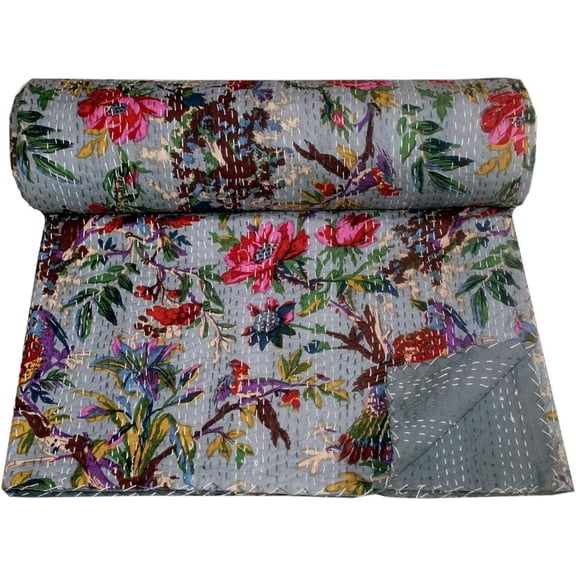 Indian Handwoven Bird Print Kantha Quilt, Quilted Bedspread,Traditional Look Gudri, Blanket Size (Twin Size - 60" x 90")