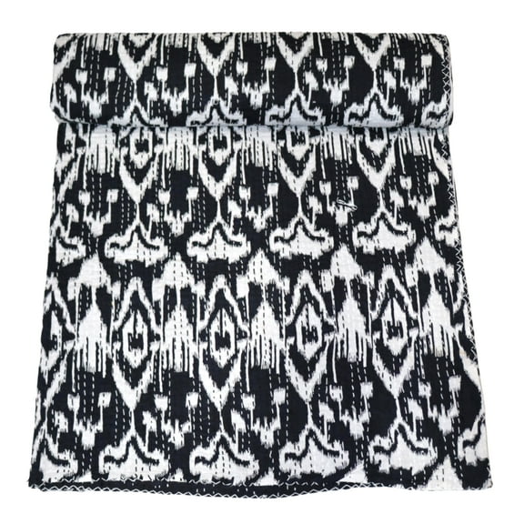 Indian Handwoven Black and White Ikat Pattern Kantha Quilt, Bedspread, Blanket,Traditional Cotton Gudri (Queen Size - 90" x 108")