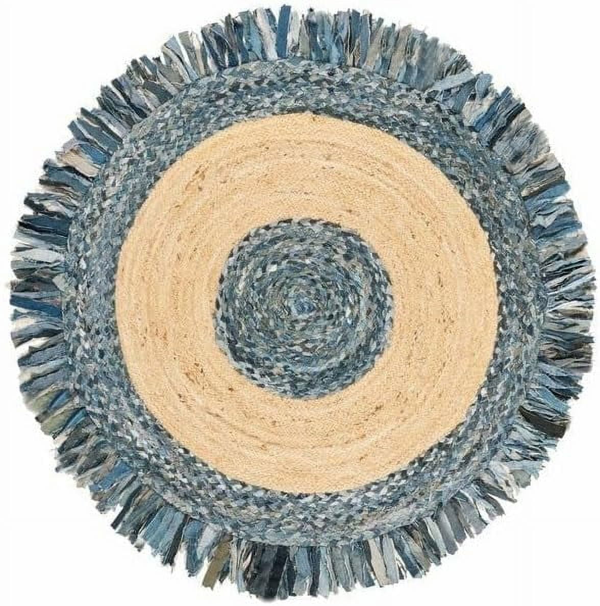 Indian Handwoven Braided Natural Jute, Denim with Blue Cotton Jhalar Round Rug, Bedroom, Entryways, Dining Room, Hallways, Kids' Rooms, Size - (8' Round)