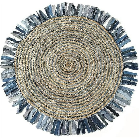 Indian Handwoven Braided Natural Jute with Denim Jute Line Jhalar Round Rug, Bedroom, Entryways, Dining Room, Hallways, Kids' Rooms, Size - (9' Round)