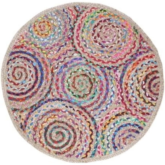 Indian Handwoven Braided Natural Jute with Multi Cotton Inner Gole Design Jute Round Rug, Bedroom, Entryways, Dining Room, Hallways, Kids' Rooms, Size - (4' Round)