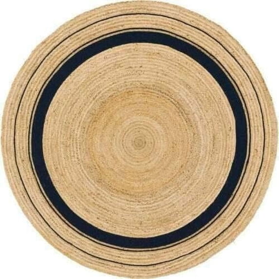 Indian Handwoven Braided Natural Jute with Navy Blue Border Jute Line Round Rug, Bedroom, Entryways, Dining Room, Hallways, Kids' Rooms, Size - (9' Round)