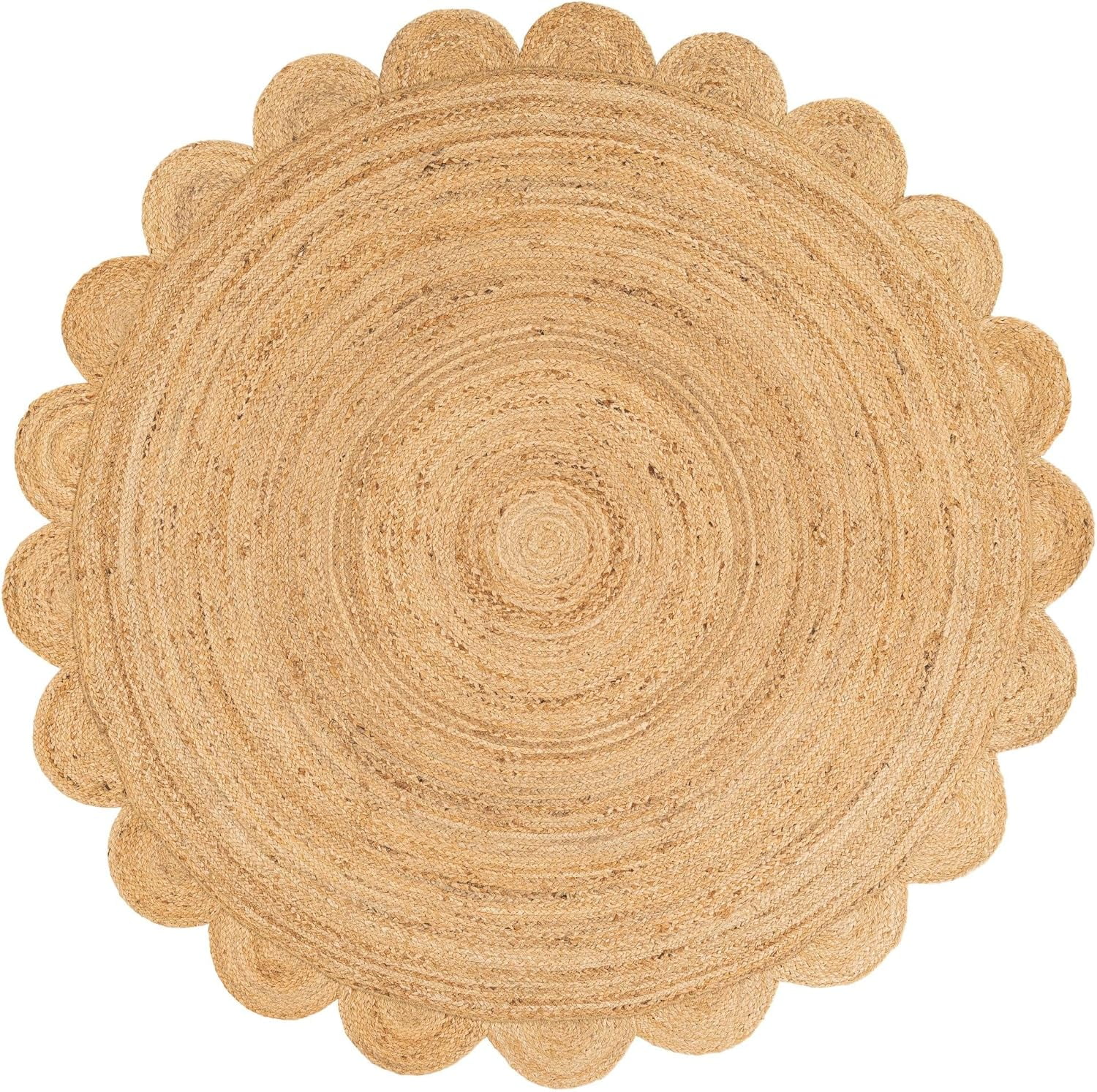 Indian Handwoven Braided Natural Jute Scalloped Round Rug, Bedroom, Entryways, Dining Room, Hallways, Kids' Rooms, Size - (7' Round)