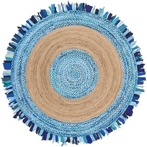 Indian Handwoven Braided Natural Jute with Sky Blue Cotton Jhalar Round Rug, Bedroom, Entryways, Dining Room, Hallways, Kids' Rooms, Size - (3' Round)