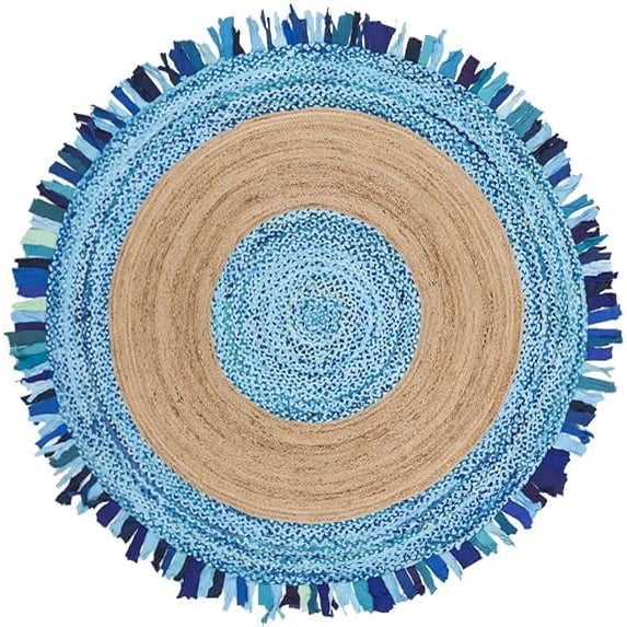 Indian Handwoven Braided Natural Jute with Sky Blue Cotton Jhalar Round Rug, Bedroom, Entryways, Dining Room, Hallways, Kids' Rooms, Size - (5' Round)