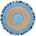 thumbnail image 1 of Indian Handwoven Braided Natural Jute with Sky Blue Cotton Jhalar Round Rug, Bedroom, Entryways, Dining Room, Hallways, Kids' Rooms, Size - (8' Round), 1 of 2