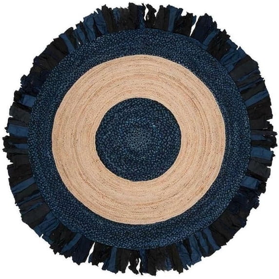 Indian Handwoven Braided Natural Jute with Blue Cotton Jhalar Round Rug, Bedroom, Entryways, Dining Room, Hallways, Kids' Rooms, Size - (2' Round)