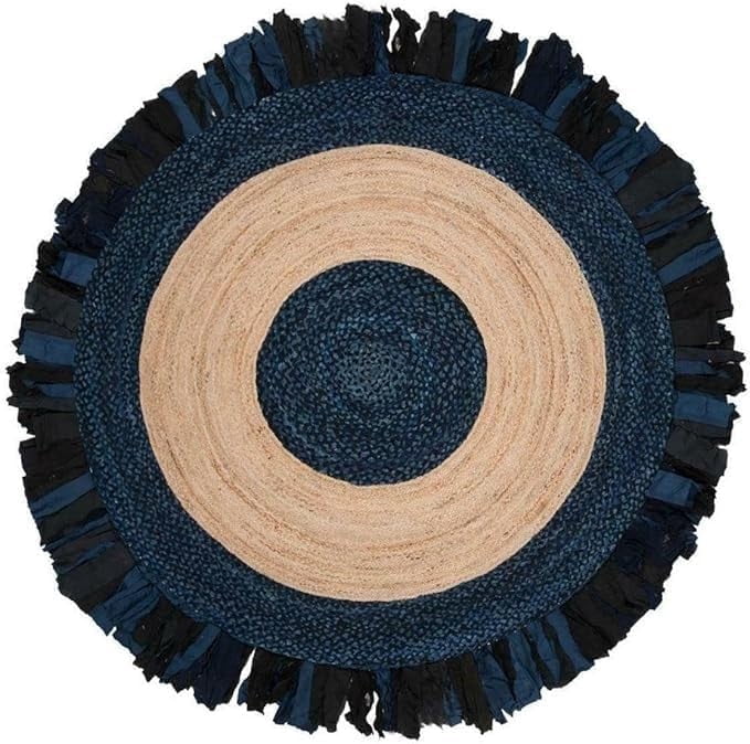 Indian Handwoven Braided Natural Jute with Blue Cotton Jhalar Round Rug, Bedroom, Entryways, Dining Room, Hallways, Kids' Rooms, Size - (8' Round)