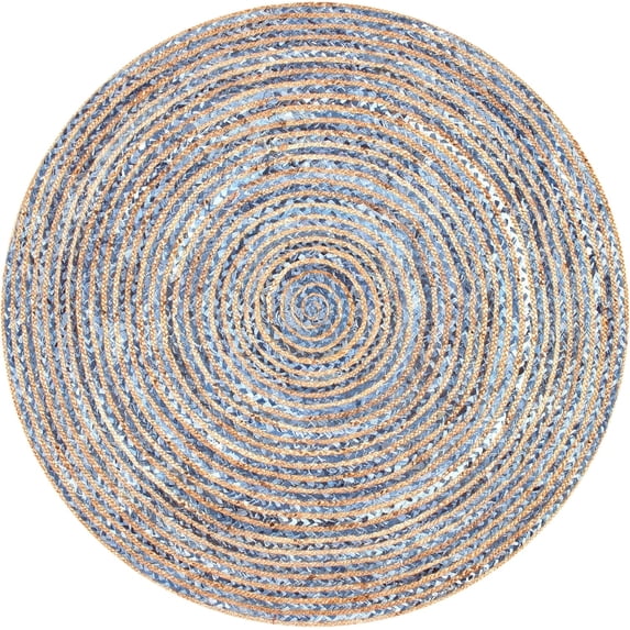 Indian Handwoven Braided Natural Jute with Denim Jute Line Round Rug, Bedroom, Entryways, Dining Room, Hallways, Kids' Rooms, Size - (2' Round)