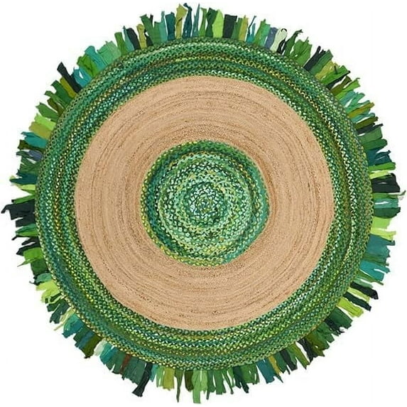Indian Handwoven Braided Natural Jute with Green Cotton Jhalar Round Rug, Bedroom, Entryways, Dining Room, Hallways, Kids' Rooms, Size - (9' Round)