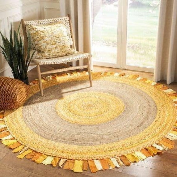 Indian Handwoven Braided Natural Jute with Multi Cotton Gole Round Rug, Bedroom, Entryways, Dining Room, Hallways, Kids' Rooms, Size - (3' Round)
