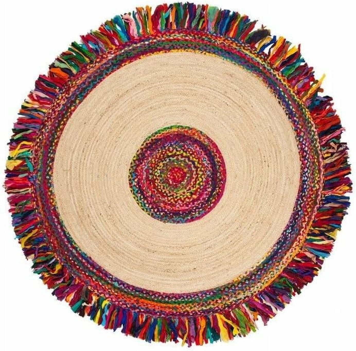 Indian Handwoven Braided Natural Jute with Multi Cotton Jhalar Round Rug, Bedroom, Entryways, Dining Room, Hallways, Kids' Rooms, Size - (6' Round)