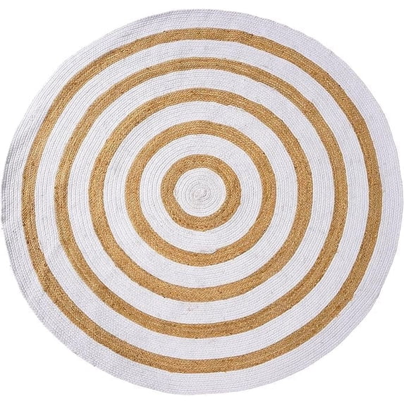 Indian Handwoven Braided Natural Jute with White Cotton Round Rug, Bedroom, Entryways, Dining Room, Hallways, Kids' Rooms, Size - (3' Round)