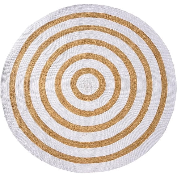 Indian Handwoven Braided Natural Jute with White Cotton Round Rug, Bedroom, Entryways, Dining Room, Hallways, Kids' Rooms, Size - (6' Round)