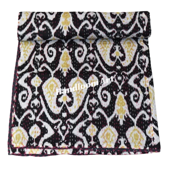 Indian Handwoven Cotton Kantha Quilt, Ikat Flower Pattern with Colorfull Accents, Traditional Indian Blanket, Bedspread (Twin Size - 60" x 90")
