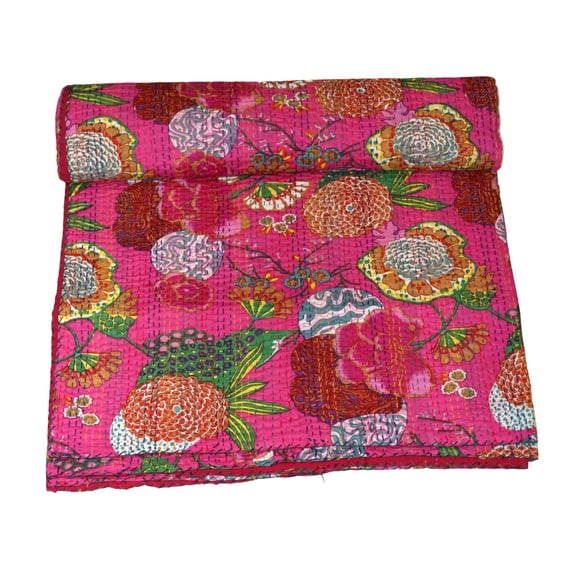 Indian Handwoven Floral Print Cotton Kantha Quilt, Village Gudri, Bedspread ,throw Blanket Size (Queen Size - 90" x 108")