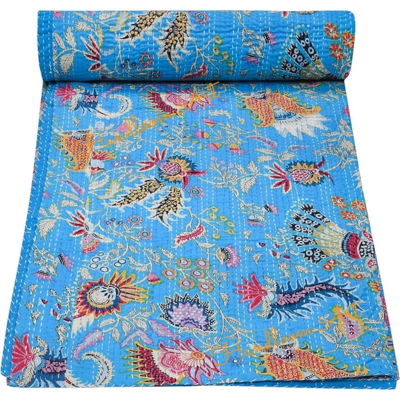 Indian Handwoven Floral Print Cotton Kantha Quilt, Village Gudri, Bedspread ,throw Blanket Size (Twin Size - 60" x 90")