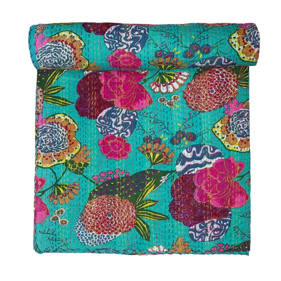 Indian Handwoven Floral Print Cotton Kantha Quilt, Village Gudri, Bedspread ,throw Blanket Size (Twin Size - 60" x 90")