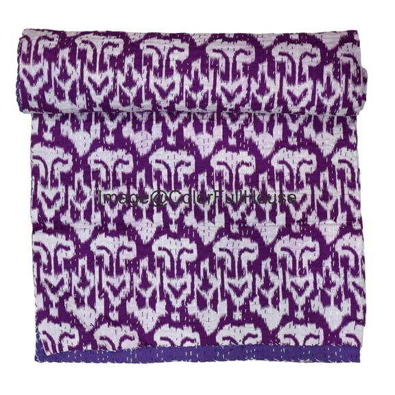 Indian Handwoven Purple and White Ikat Pattern Kantha Quilt, Bedspread, Blanket,Traditional Cotton Gudri ( Single 60" x 90" )