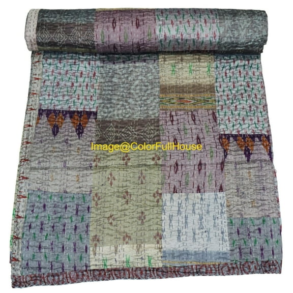 Indian Handwoven Silk Patola Kantha Quilt ,Traditional Blanket , Premium Silk Sari Kantha Blanket Size (Queen Size - 90" x 108")