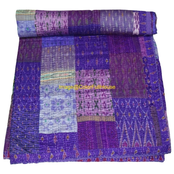 Indian Handwoven Silk Patola Kantha Quilt ,Traditional Blanket , Premium Silk Sari Kantha Blanket Size (Queen Size - 90" x 108")