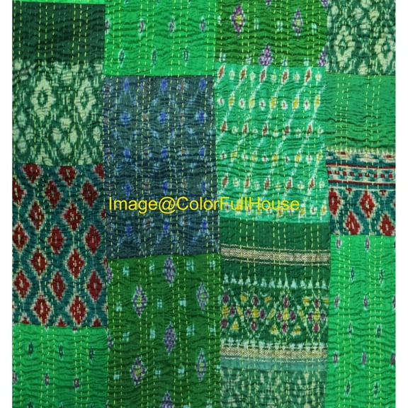 Indian Handwoven Silk Patola Kantha Quilt ,Traditional Blanket , Premium Silk Sari Kantha Blanket Size (Twin Size - 60" x 90")