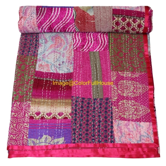 Indian Handwoven Silk Patola Kantha Quilt ,Traditional Blanket , Premium Silk Sari Kantha Blanket Size (Twin Size - 60" x 90")