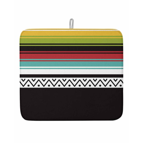 Indian Hippie Colorful Striped Dish Drying Mats for Kitchen Counter,Absorbent Microfiber Dish Drainer Rack Mat Ethnic Traditional Geometric Lines Art Drying Pad for Sinks,Utensils,Countertops,16x18in