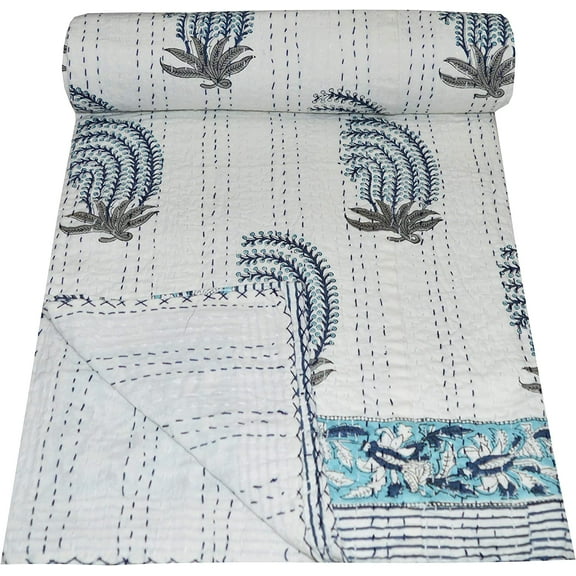 Indian Hnad Block Print Kantha Quilt Queen Size Cotton Quilt Handmade Quilt Kantha Throw Kantha Bedspread Indian Quilt