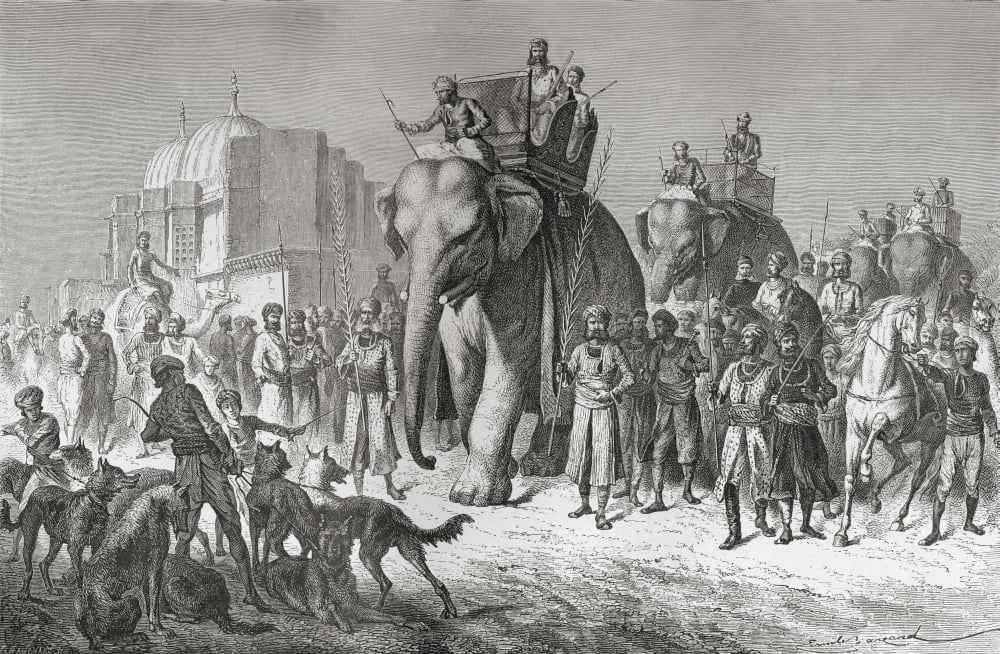 An Indian Hunting Party Riding Elephants Prepares To Set Out On A Tiger Hunt In The 19Th Century From El Mundo En La Mano Published 1878 Canvas Art - Ken Welsh Design Pics (18 x 11)