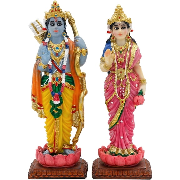 4.7" Lord Rama & Sita Statue Set Hindu God Ram Sita Murti on Lotus Base Resin Hindu Murti Idol Indian Decor Puja Item for Home Mandir Pooja Room Altar Diwali Wedding Gift