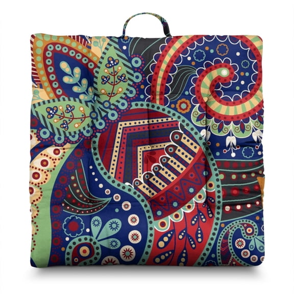 Indian Inspired Yoga Cushion - Thick & Supportive Tatami Mat Seat Pad with Decorative Paisley Print, Great for Floor Lounging