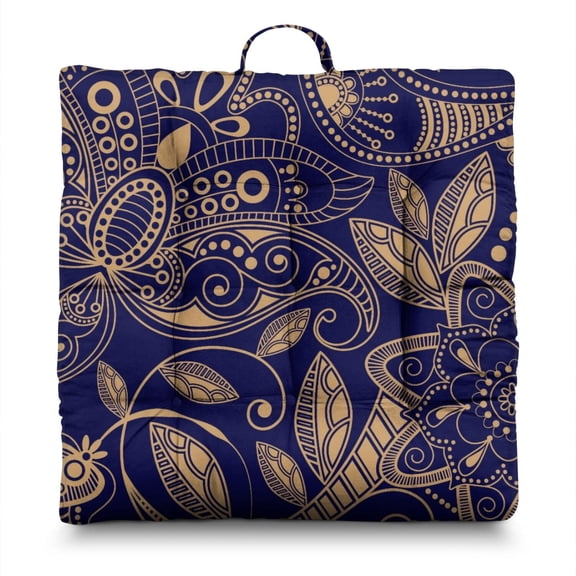 Indian Inspired Yoga Cushion - Thick & Supportive Tatami Mat Seat Pad with Decorative Paisley Print, Great for Floor Lounging