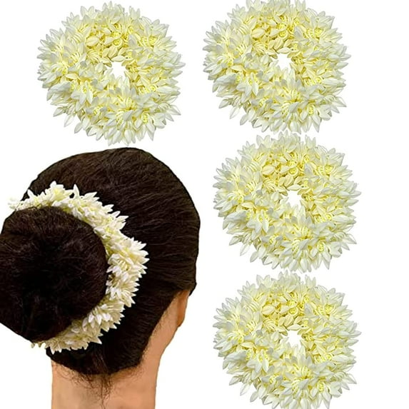 Indian Jasmine Hair Flowers - Perfect Gajra for Women's Hair Accessories White Gajra Artificial Flower Jewelry Handmade For Women (Set of 4)