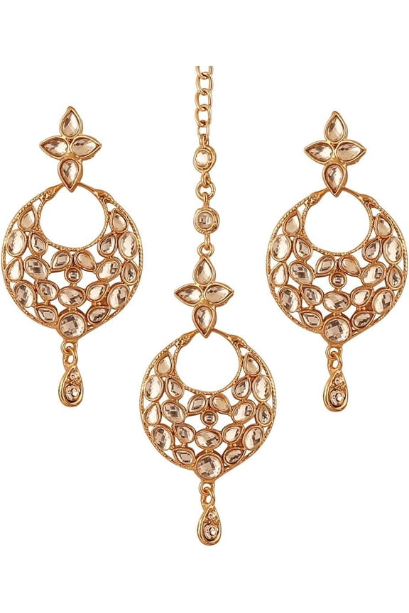 Indian Jewelry Earrings maang Tikka Set for Women Head tika Forehead Hair Piece Combo Wedding Guest Gold Silver Chandelier Bollywood Style Bridal White Stone Simple Headpiece Accessories[a065]