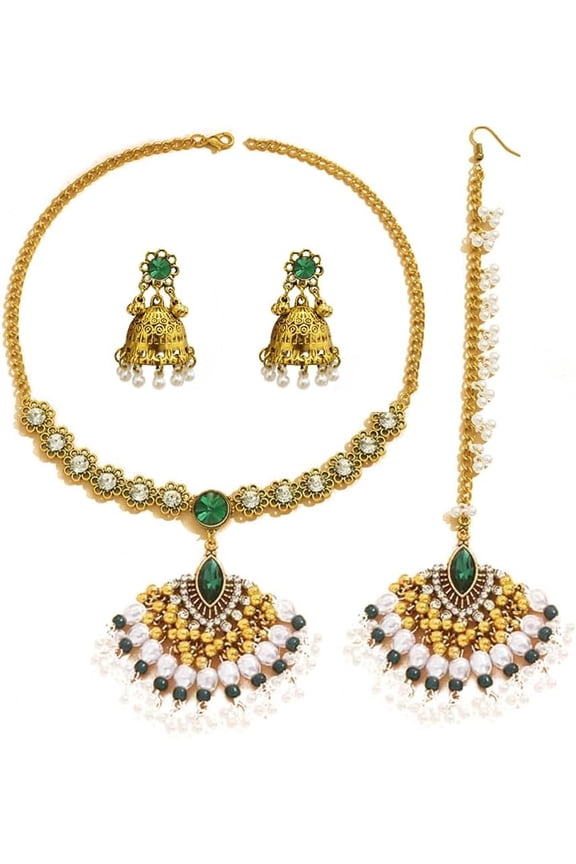 Indian Jewelry Set For Women Bollywood Antique Rhinestone Jhumka Tassel Jewellery Wedding Outfit Pendent Choker Necklace Earrings Bridal Maang Tikka Fancy Party Dance Accessories Boho TraditionalGift
