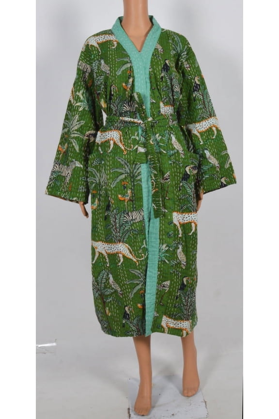 Indian Jungle Print kantha jacket, Indian handmade japanese kimono style kantha robe, Winter jacket, Green colored tie belt coat